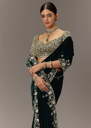 Green Velvet Saree With Brocade Embroidered Blouse