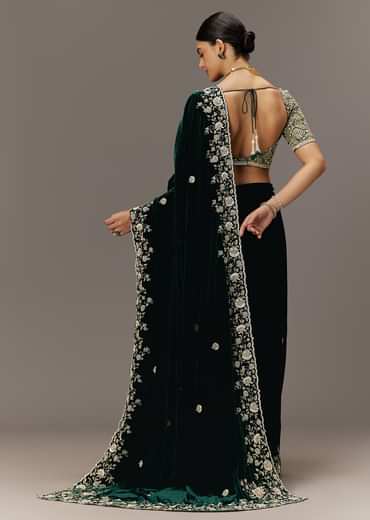Green Velvet Saree With Brocade Embroidered Blouse