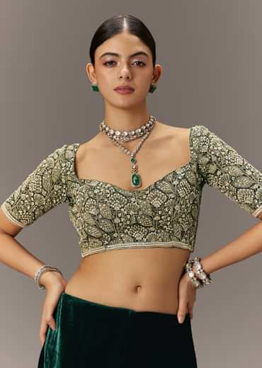 Green Velvet Saree With Brocade Embroidered Blouse