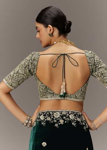 Green Velvet Saree With Brocade Embroidered Blouse
