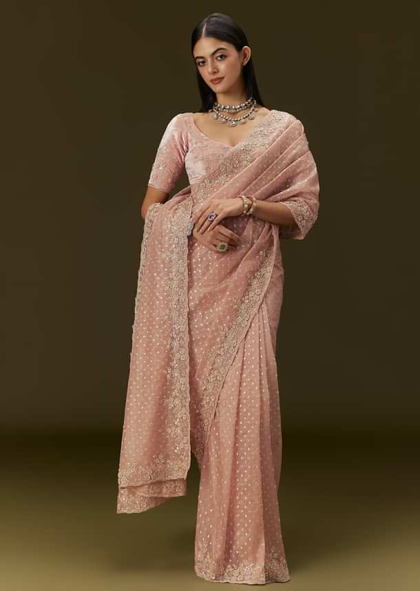 Peach Banarasi Tissue Saree With Velvet Embroidered Blouse