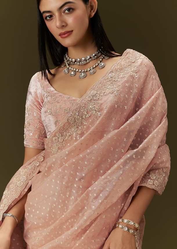 Peach Banarasi Tissue Saree With Velvet Embroidered Blouse
