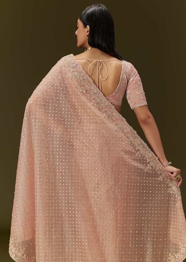Peach Banarasi Tissue Saree With Velvet Embroidered Blouse