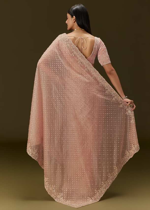 Peach Banarasi Tissue Saree With Velvet Embroidered Blouse