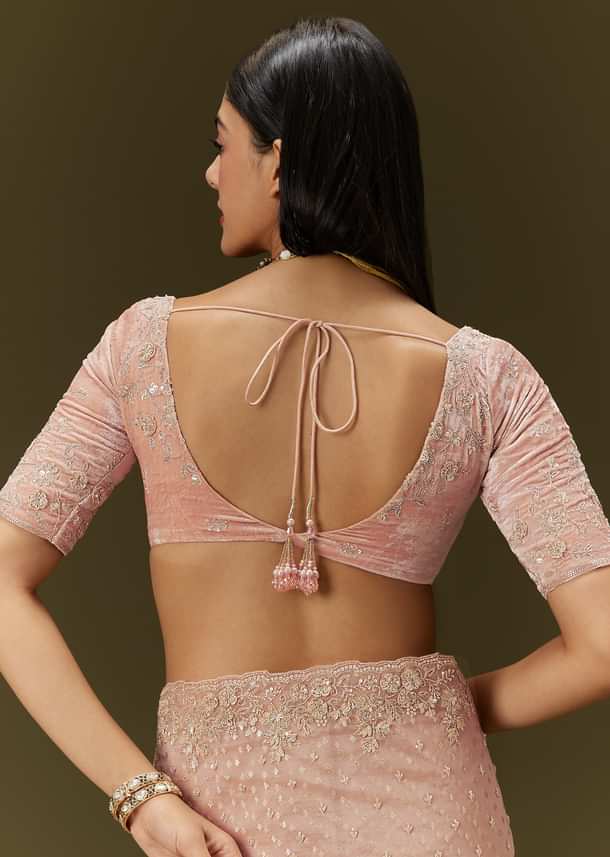 Peach Banarasi Tissue Saree With Velvet Embroidered Blouse