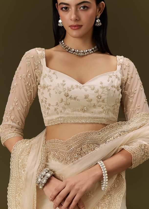 Beige Net Saree With Heavy All Over Embroidery