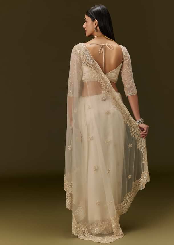 Beige Net Saree With Heavy All Over Embroidery