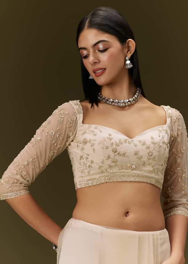 Beige Net Saree With Heavy All Over Embroidery