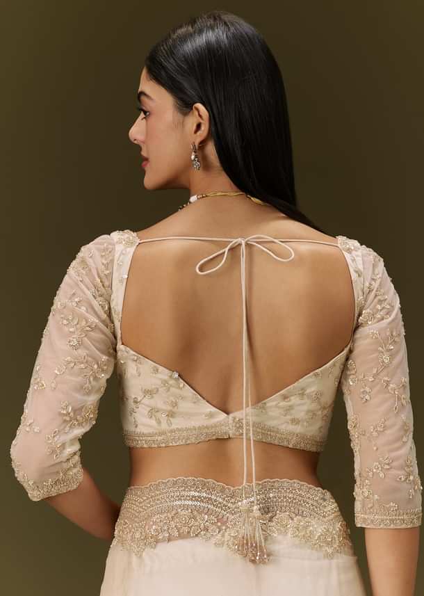 Beige Net Saree With Heavy All Over Embroidery