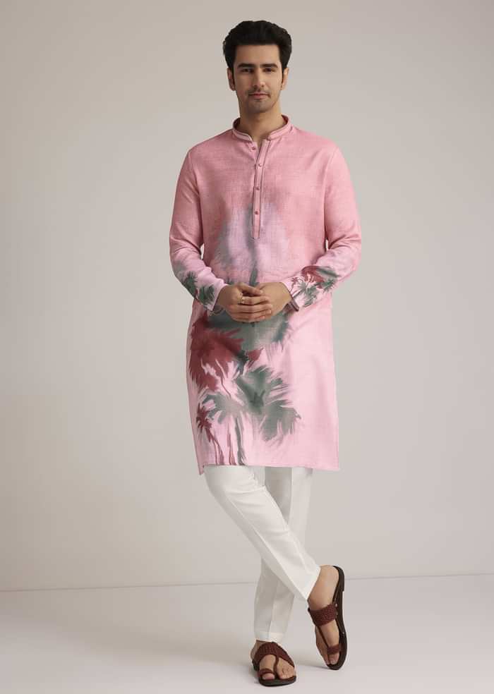 Pink Linen Ombre Kurta Set With Abstract Print