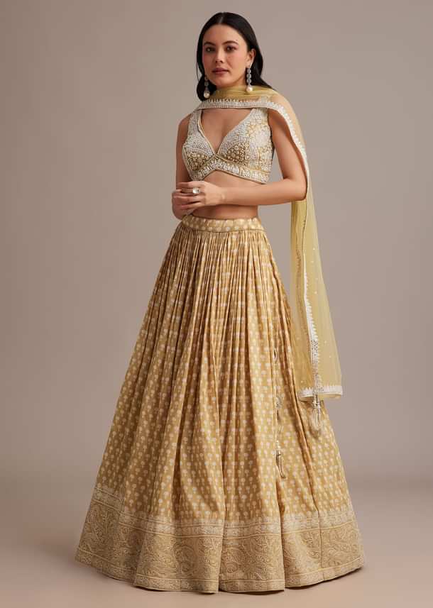 Light Yellow Printed Lehenga Set With Mirror And Moti Work