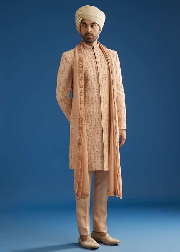 Natural Beige Tissue Sherwani Dupatta Set With Cutdana And Crystal Work