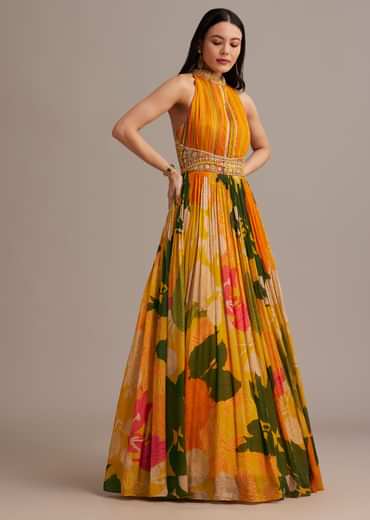 Orange Floral Print Pleated Gown With Cape