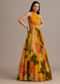 Orange Floral Print Pleated Gown With Cape