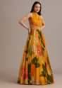 Orange Floral Print Pleated Gown With Cape