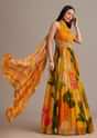Orange Floral Print Pleated Gown With Cape