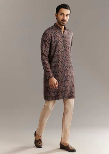 Black Pashmina Silk Kurta Set With Vine Prints