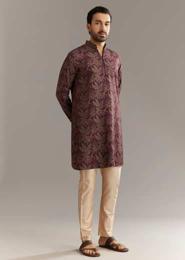 Wine Pashmina Silk Kurta Set With Vine Print Motifs