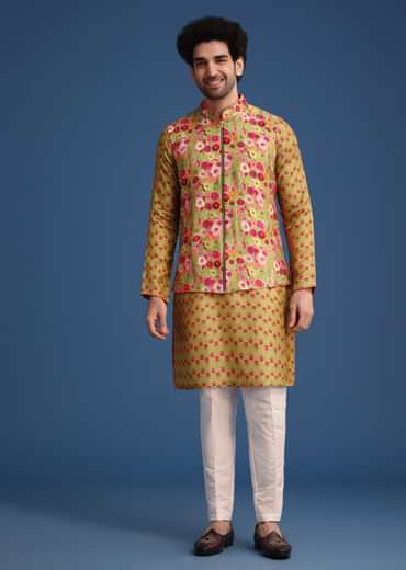 Green Silk Surreal Printed Kurta Jacket Set