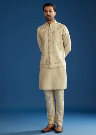 Beige Silk Kurta Jacket Set With Cutdana Work