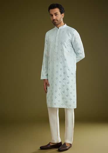 Blue Silk Blend Kurta Set With Mirror Work