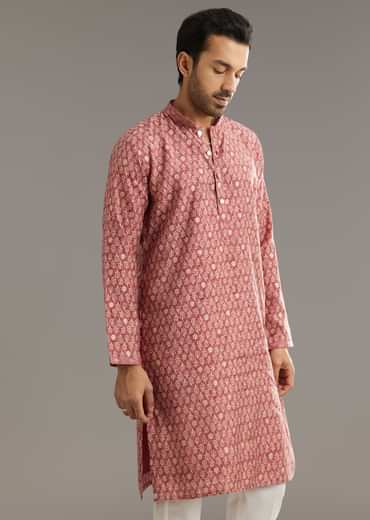 Pink Muslin Kurta Set With Symmetric Prints