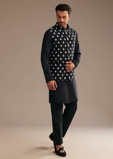 Black Silk Kurta Jacket Set With Embroidered Jacket