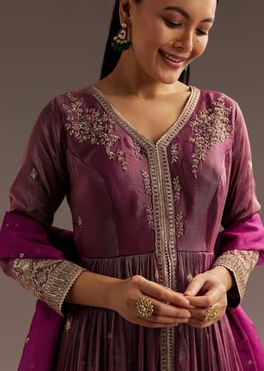 Wine Zardosi Sequins Anarkali Pant Dupatta Set