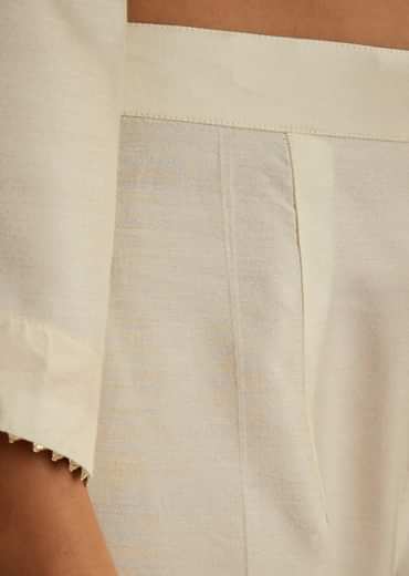 Ivory Floral Applique Work Kurta Pant Set With Gotta Lace