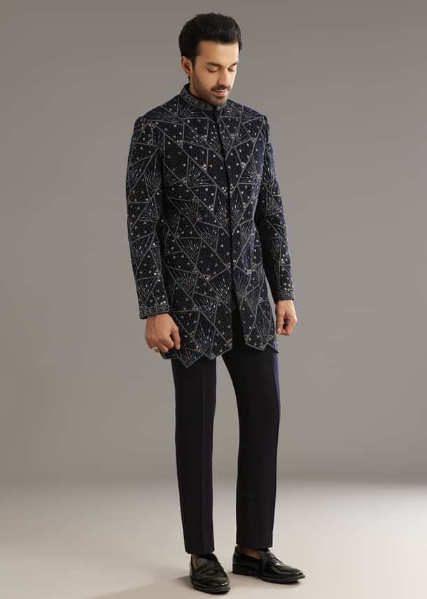 Blue Suiting Indo Western Set With Beaded Work