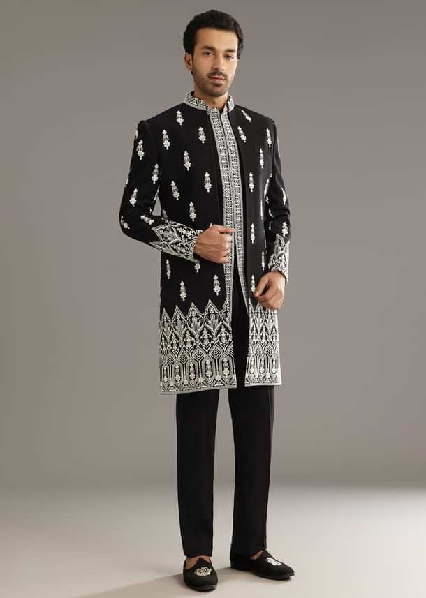 Black Indo Western Set With Embroidery On Japanese Fabric