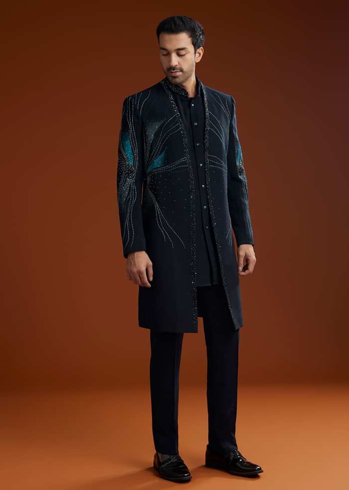 Blue Suiting Indo Jacket Set With Starlit Cutdana Work