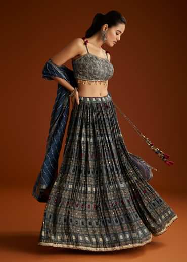 Blue Satin Ajrakh Printed Lehenga Choli With Dupatta