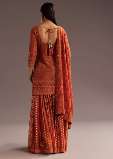 Orange Lucknowi Mirror Zardosi Kurta Palazzo Dupatta Set