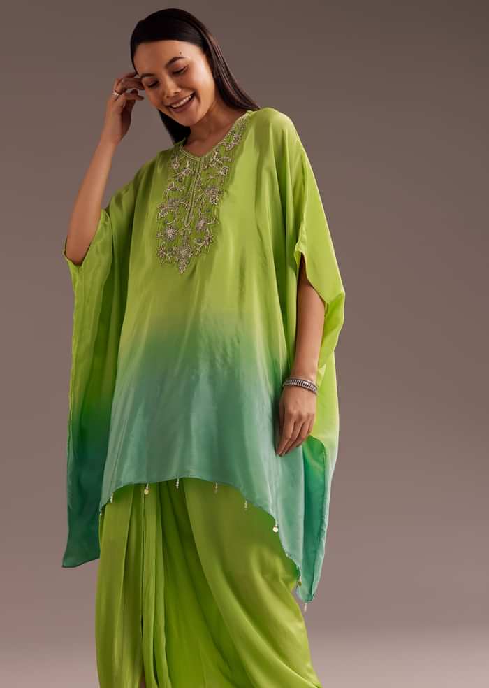 Green Ombre Zardosi Crepe Kaftan Kurta Dhoti Set
