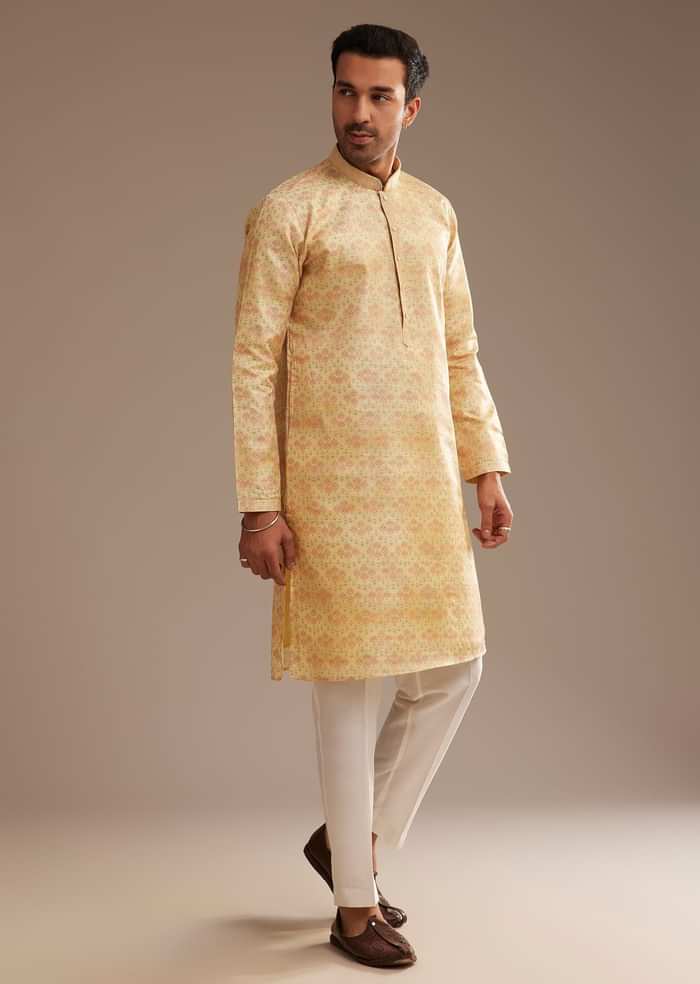 Light Yellow Silk Abstract Printed Kurta Set