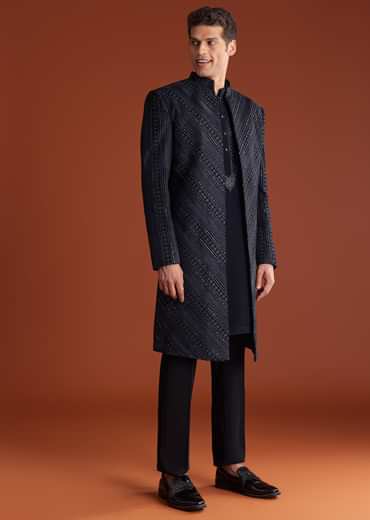 Blue Velvet Indowestern Suit With Cutdana And Thread Work