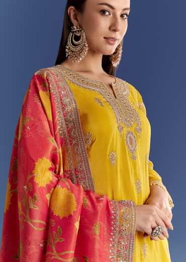 Yellow Tissue Kurta Set With Zari Palazzo And Floral Dupatta