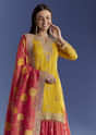Yellow Tissue Kurta Set With Zari Palazzo And Floral Dupatta