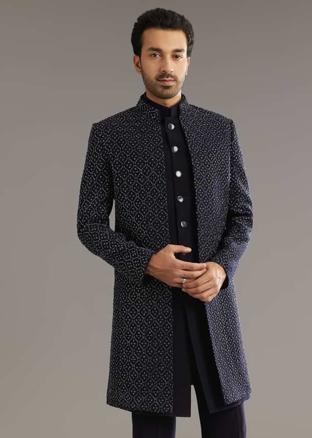 Blue Salli And Diamond Embellished Indo Western Set In Suiting Fabric