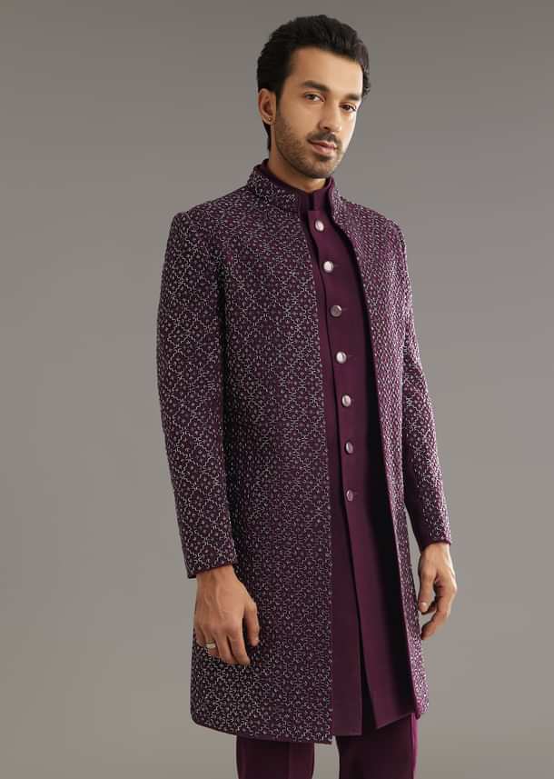 Wine Indo Western Set With Embellished Salli And Diamond Work