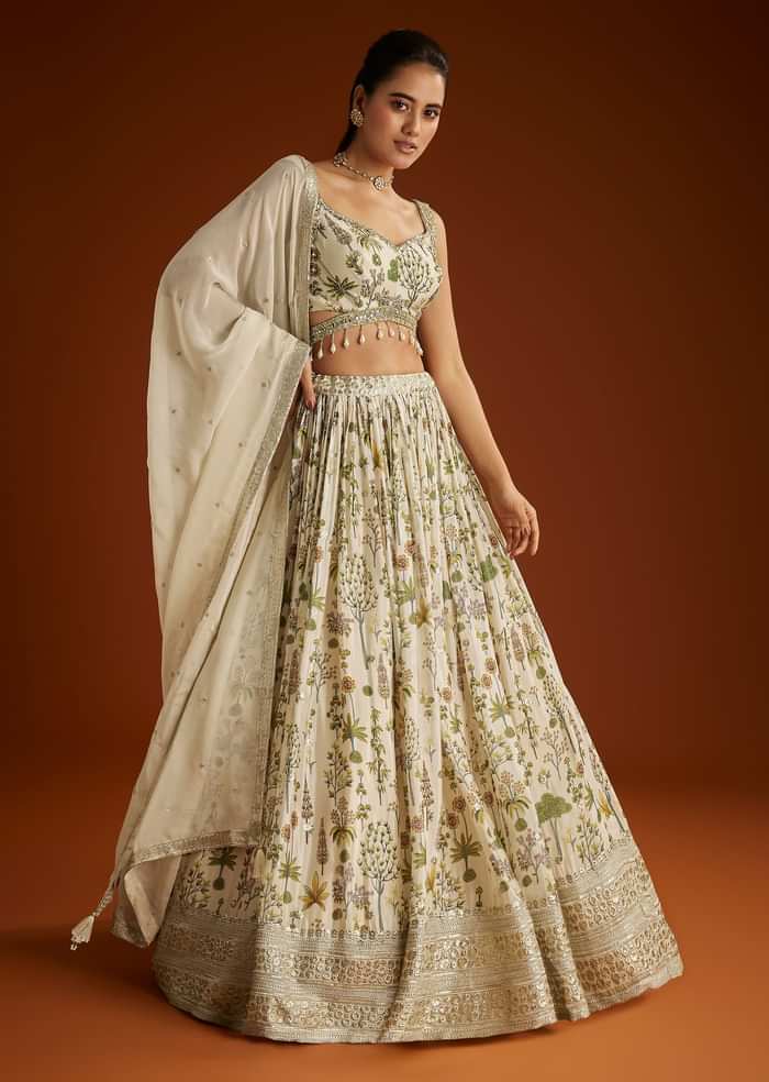 Off White Floral Printed Lehenga Choli With Butti Work Dupatta