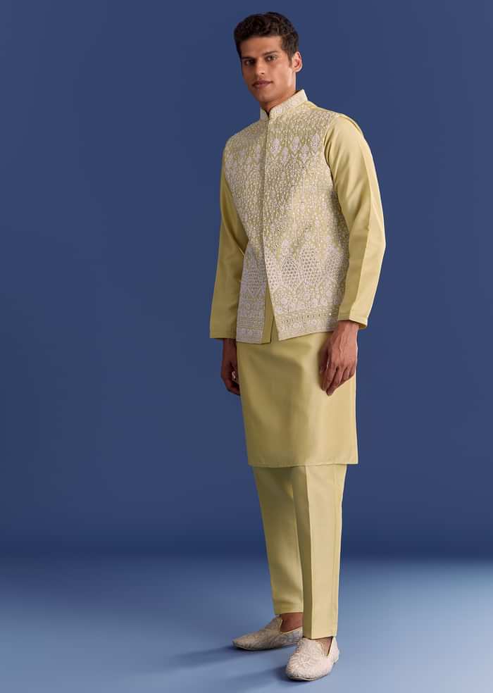 Yellow Cotton Silk Kurta Jacket Set With Mirror And Dori Work