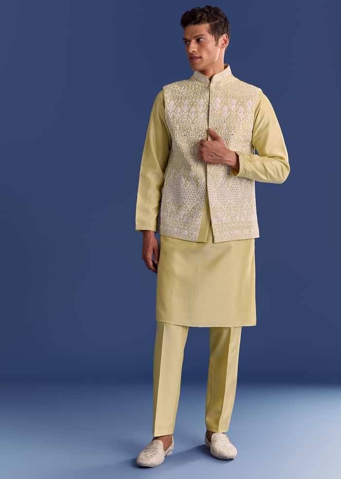 Yellow Cotton Silk Kurta Jacket Set With Mirror And Dori Work