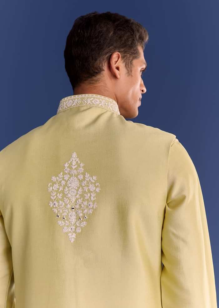 Yellow Cotton Silk Kurta Jacket Set With Mirror And Dori Work