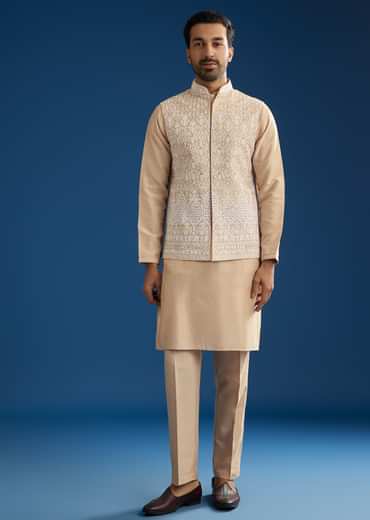 Peach Cotton Silk Jacket Kurta Set With Mirror And Dori Work
