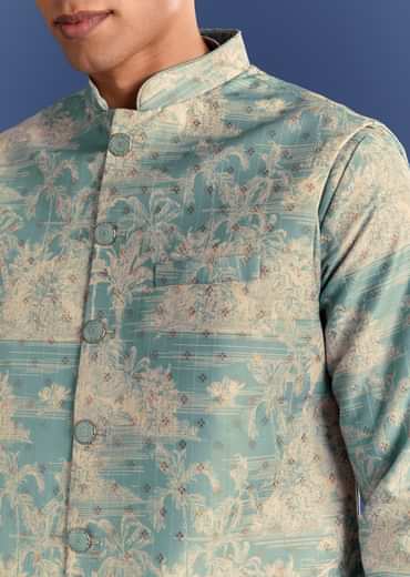 Blue Cotton Silk Kurta Jacket Set With Coastal Print