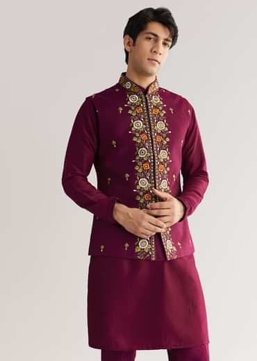 Wine Cotton Silk Kurta Set With Embroidered Lapel Jacket