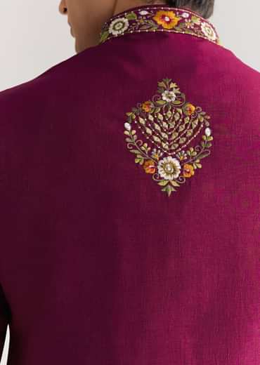 Wine Cotton Silk Kurta Set With Embroidered Lapel Jacket