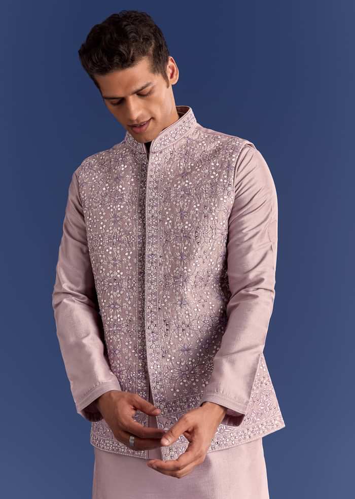 Lilac Kurta Set In Cotton Silk With Mirror Threadwork Jacket